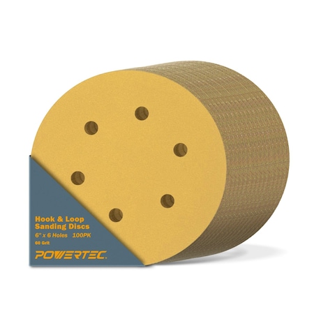 Powertec 60 Grit, 6 Inch 6 Hole Hook and Loop Sanding Discs for Random Orbital Sander, 100PK 45206G-50-P2